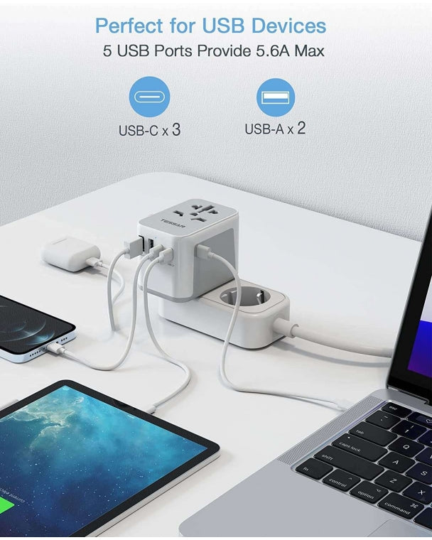 Universal Travel Adapter with 3 USB C and 2 USB Ports