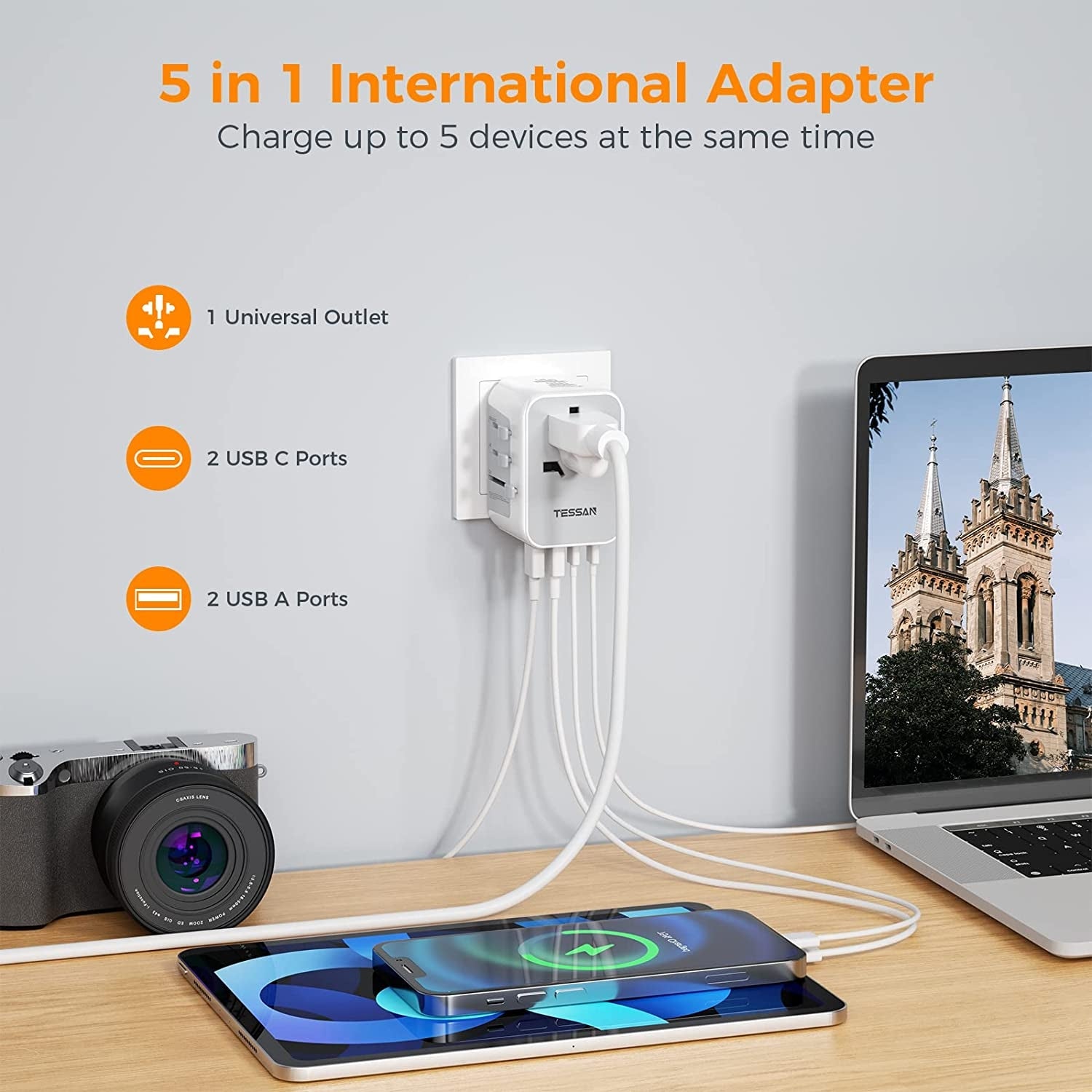 Universal Travel Adapter with 2 USB C and 2 USB A Ports (Fast Charging PD 17W)