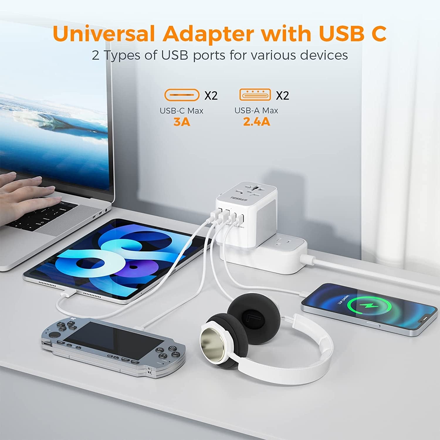 Universal Travel Adapter with 2 USB C and 2 USB A Ports (Fast Charging PD 17W)