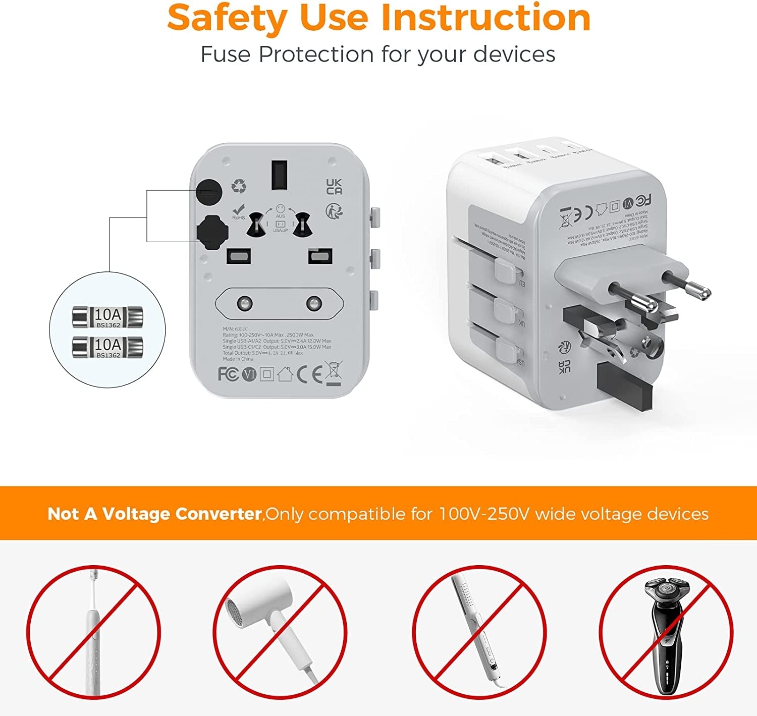 Universal Travel Adapter with 2 USB C and 2 USB A Ports (Fast Charging PD 17W)