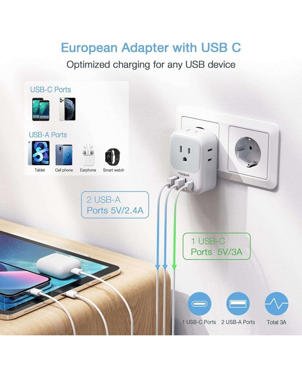 US To European Travel Adapter With 3 USB Ports (Fast Charging PD 15W)