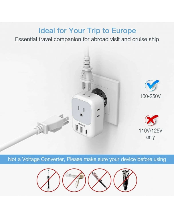 US To European Travel Adapter With 3 USB Ports (Fast Charging PD 15W)