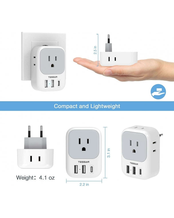 US To European Travel Adapter With 3 USB Ports (Fast Charging PD 15W)