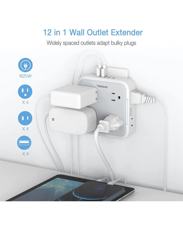 Surge Protector Multi Plug Outlet Extender With 8 Outlet Box Splitter 4 USB Wall Charger
