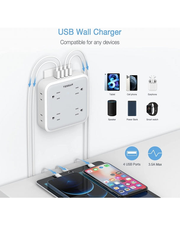 Surge Protector Multi Plug Outlet Extender With 8 Outlet Box Splitter 4 USB Wall Charger