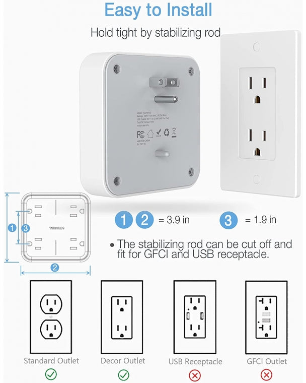 Surge Protector Multi Plug Outlet Extender With 4 Outlet Box Splitter 3 USB Wall Charger