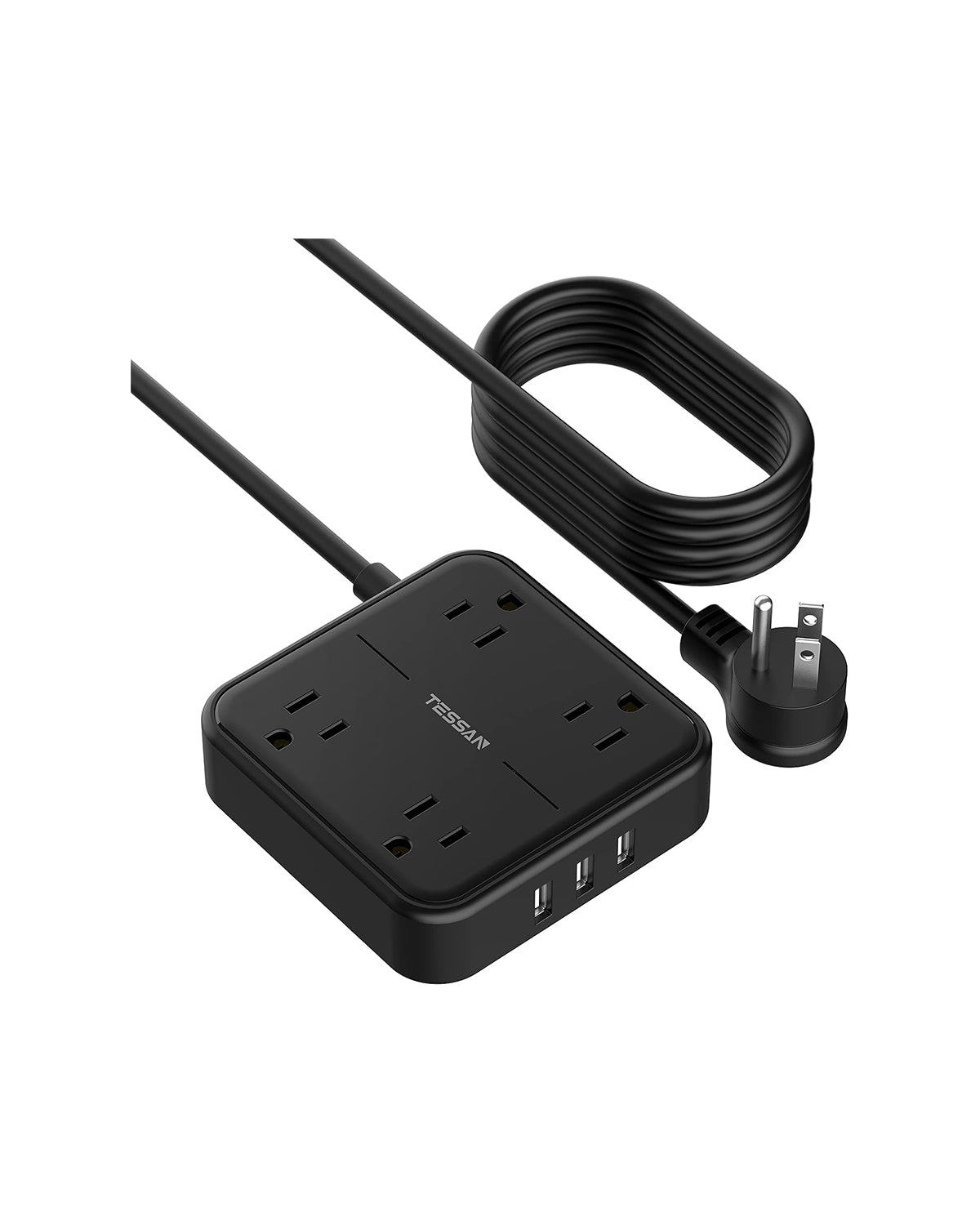 TESSAN Flat Plug Power Strip with Long Cord, 4 Widely Spaced Outlets and 3 USB Ports, Extension Cord 15 FT