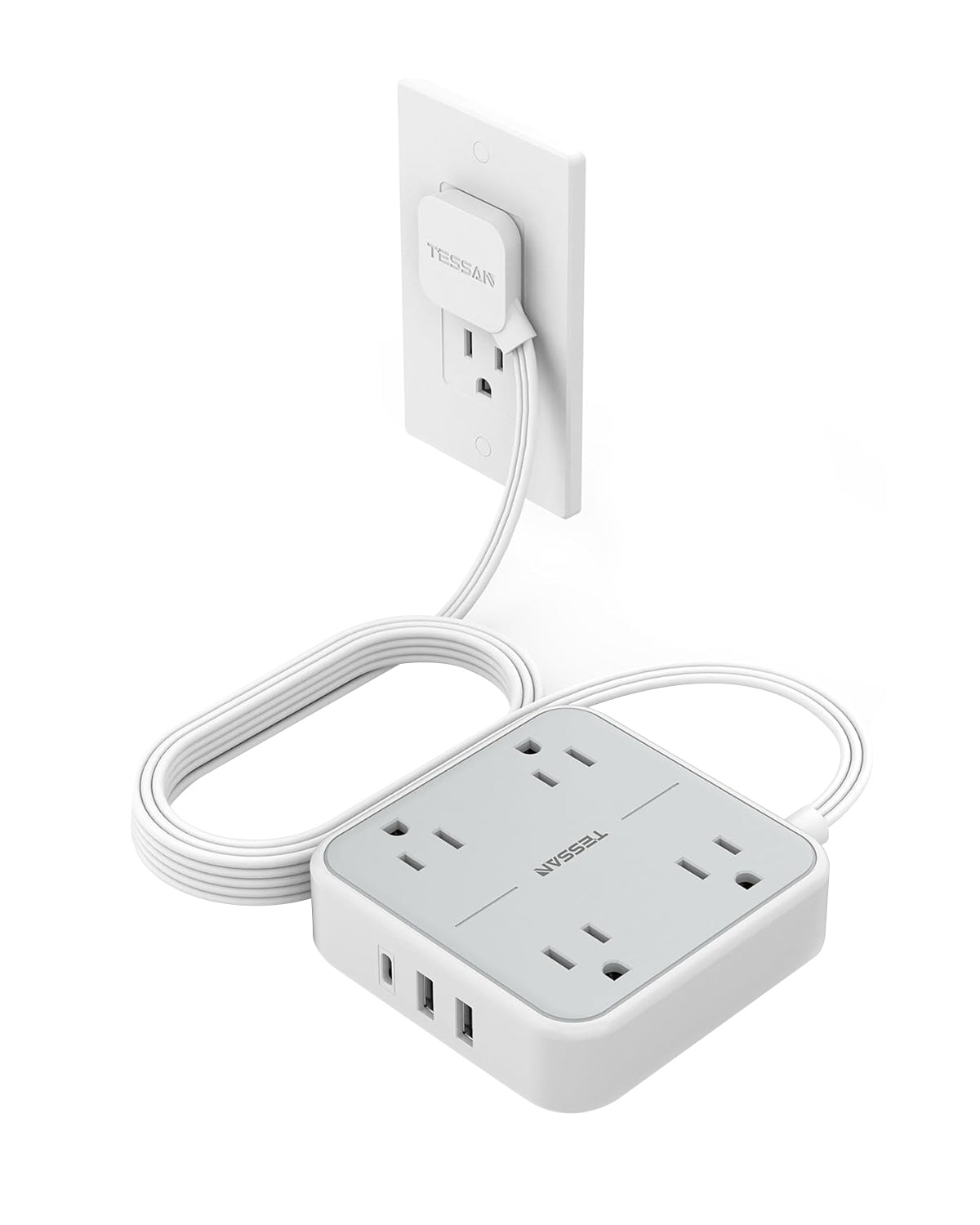 TESSAN 5 ft Ultra Thin Extension Cord with 3 USB Wall Charger(1 USB C Port)