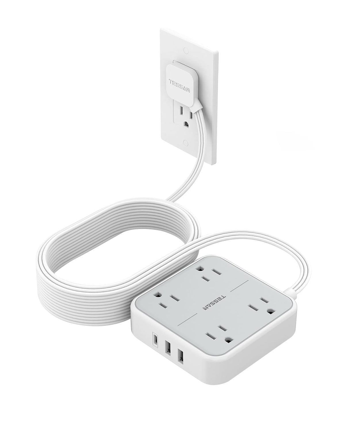 TESSAN 5 ft Ultra Thin Extension Cord with 3 USB Wall Charger(1 USB C Port)