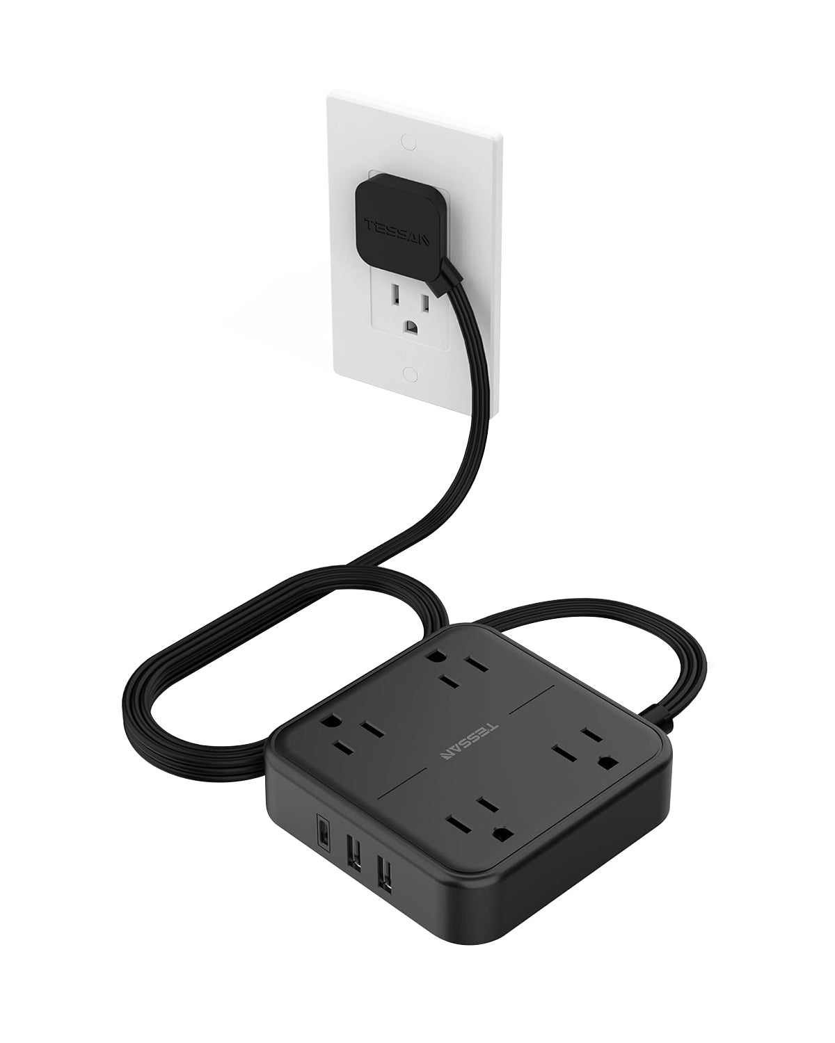 TESSAN 4 AC Outlets Surge Protector Extension Cord, Black Flat Plug Power Strip with 3 USB Ports (1 USB C)