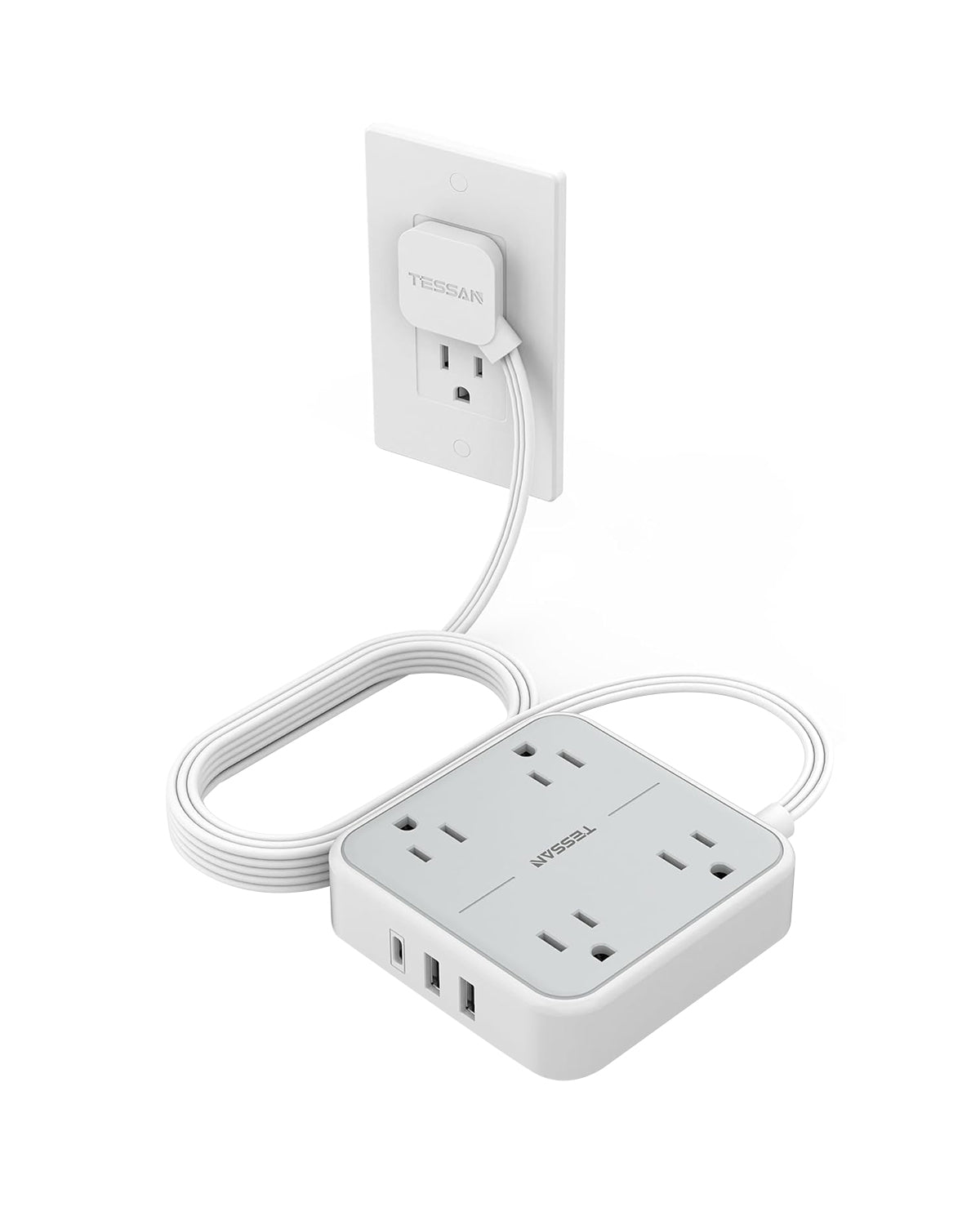 TESSAN Flat Plug Surge Protector Power Strip,5 ft Ultra Thin Extension Cord with 1 USB C