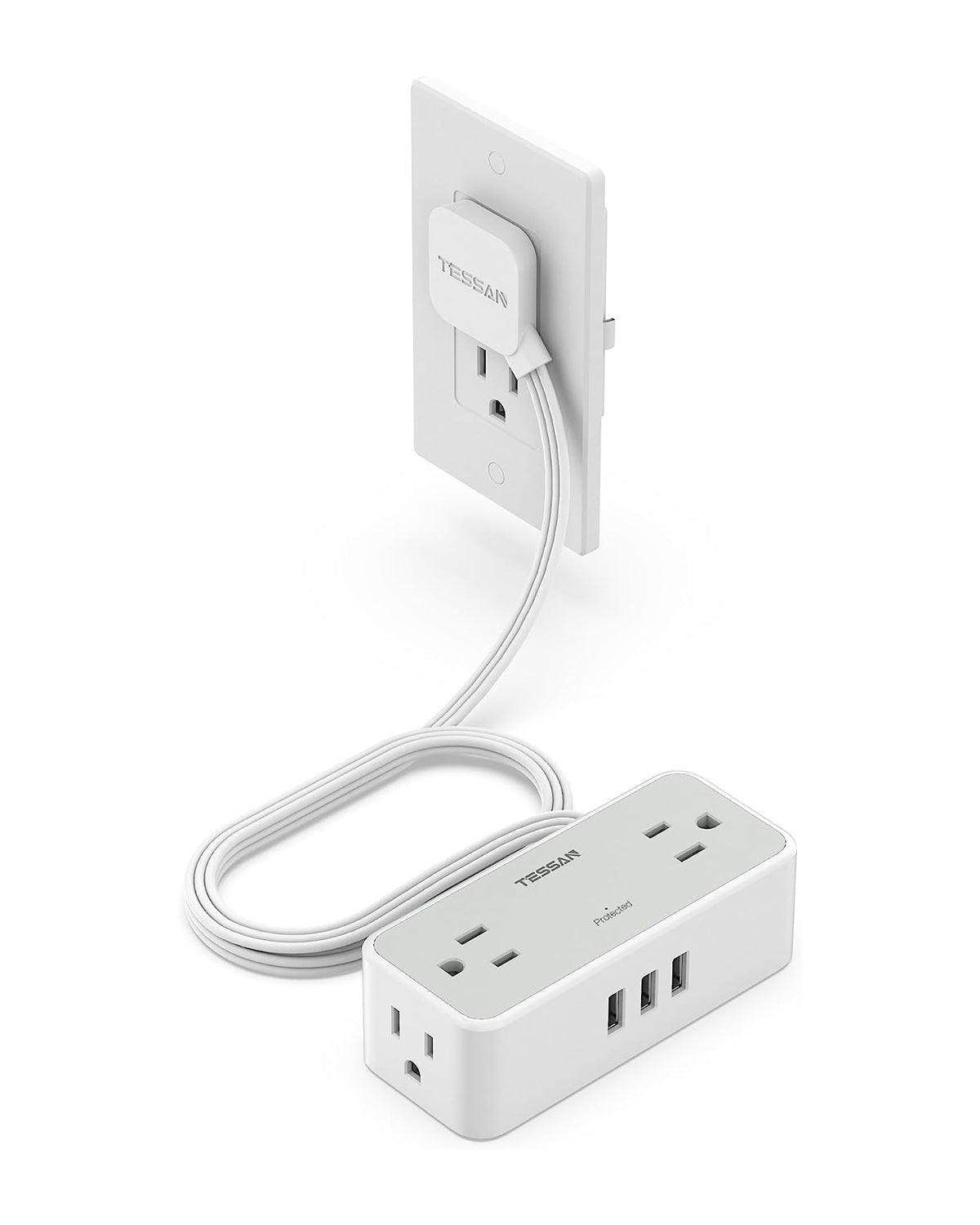 TESSAN Surge Protector Flat Plug Power Strip 4 Wide Spaced AC Outlets 3 USB, Ultra Thin 5FT Flat Extension Cord