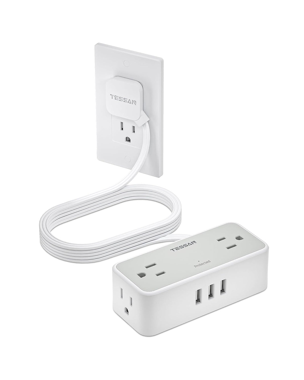 TESSAN Surge Protector Flat Plug Power Strip 4 Wide Spaced AC Outlets 3 USB, Ultra Thin 5FT Flat Extension Cord