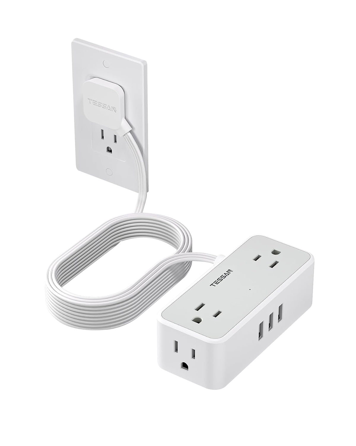 TESSAN Surge Protector Flat Plug Power Strip 4 Wide Spaced AC Outlets 3 USB, Ultra Thin 5FT Flat Extension Cord