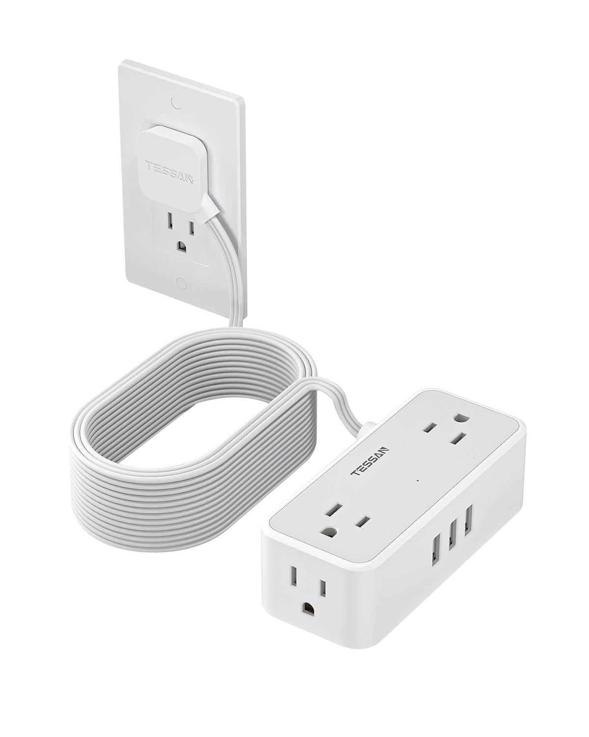 TESSAN Surge Protector Flat Plug Power Strip 4 Wide Spaced AC Outlets 3 USB, Ultra Thin 5FT Flat Extension Cord