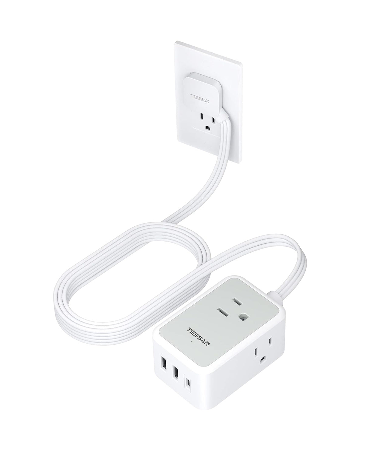 TESSAN Small Flat Plug Power Strip with 3 USB Charger (1 USB C), Ultra Thin Flat Extension Cord 10 FT