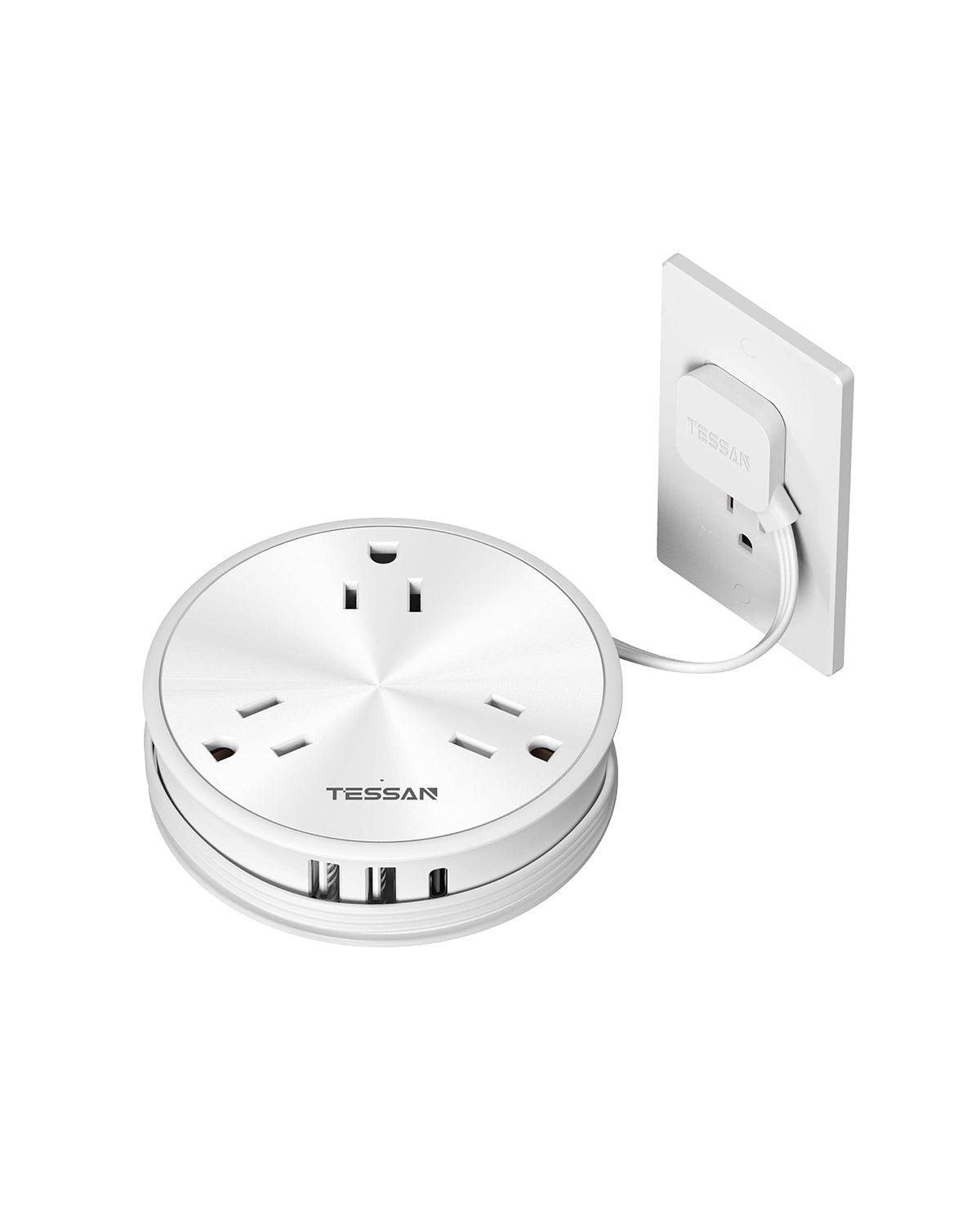 TESSAN Short Extension Cord 2 ft with 3 AC Outlets 3 USB (1 USB C) Ports