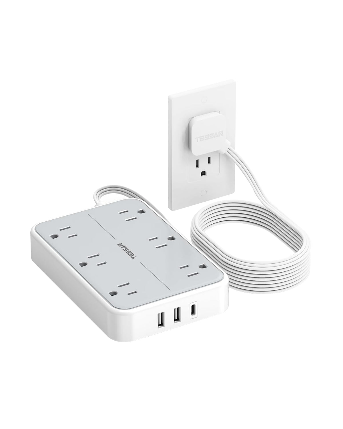 TESSAN Flat Plug Ultra Thin Extension Cord with 6 Wide-Spaced Outlets 3 USB Ports (1 USB C Port), Surge Protector Power Strip 10 ft
