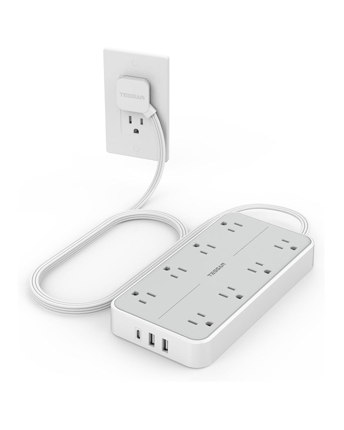 TESSAN Flat Plug Extension Cord with 8 Outlets 3 USB Charger(1 USB C)