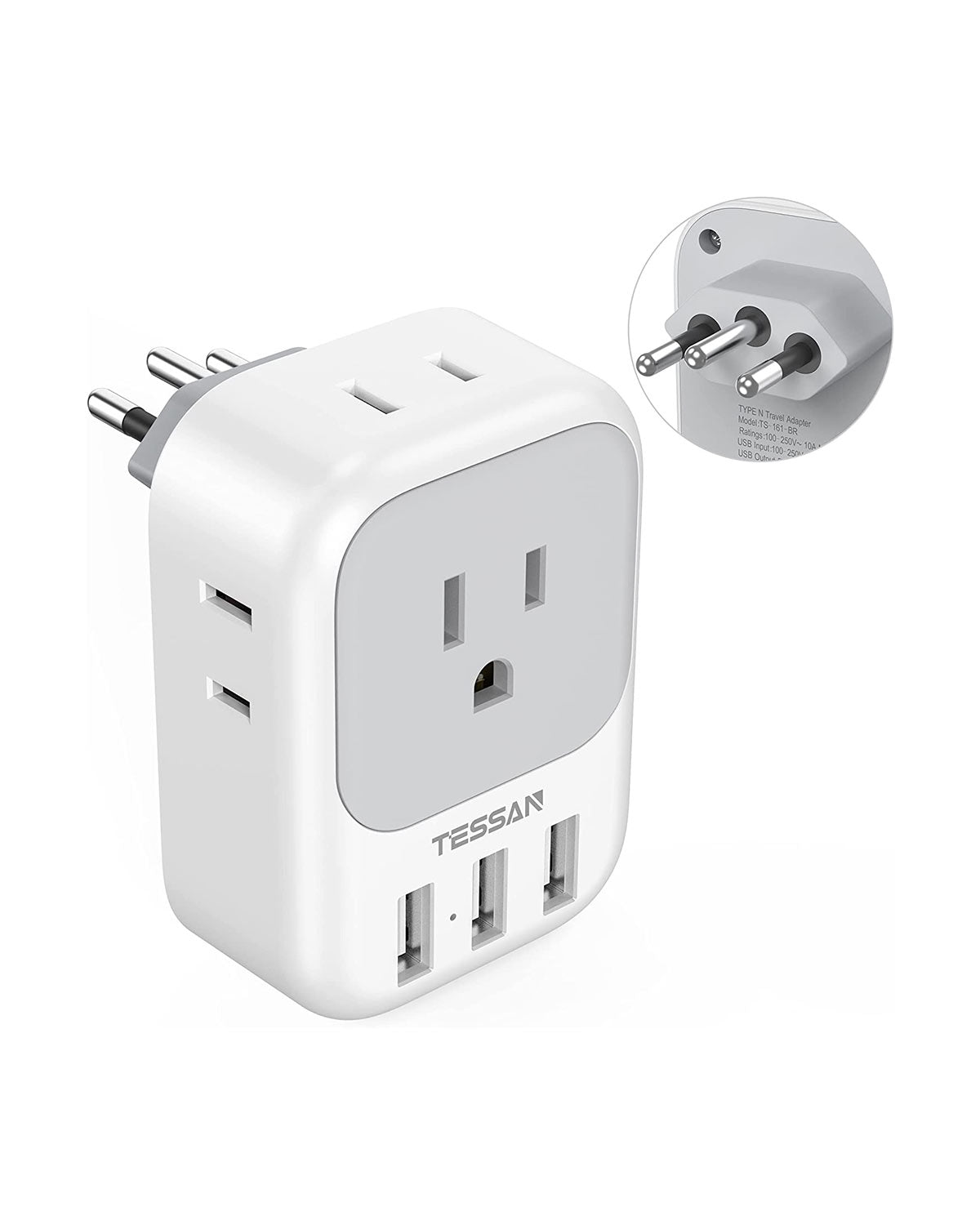 TESSAN Brazil Power Plug Adapter with 4 American Outlets and 3 USB Charging Ports
