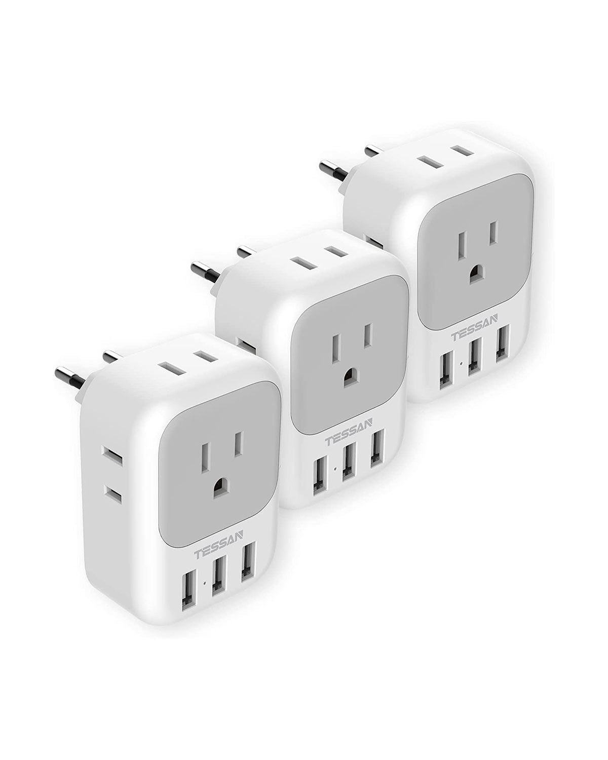 TESSAN US to Europe Power Adapter with 4 AC Outlets and 3 USB, 3 Pack