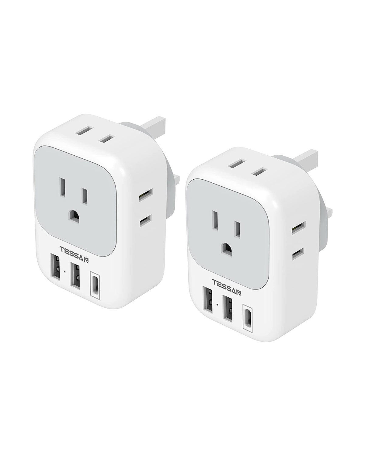 TESSAN Type G Travel Converter with 4 Outlets 3 USB Charger(1 USB C Port), 2 Pack