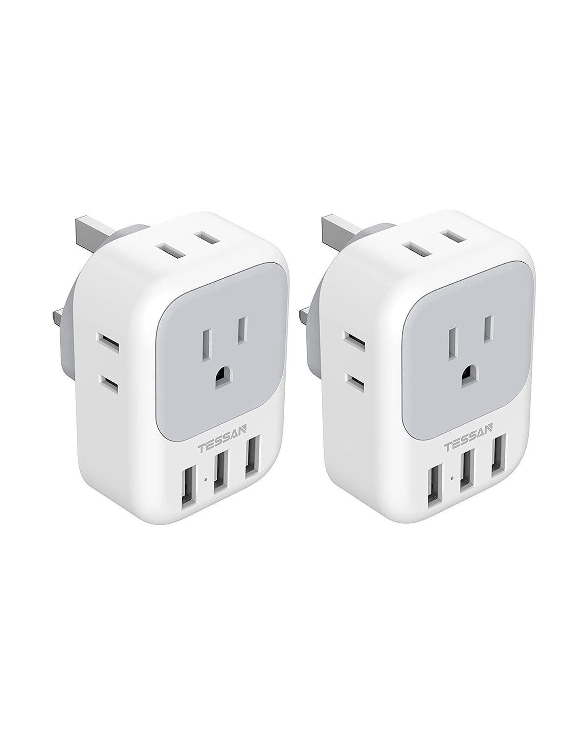 TESSAN US to UK Plug Adapter, 4 American Outlets 3 USB, 2 Pack