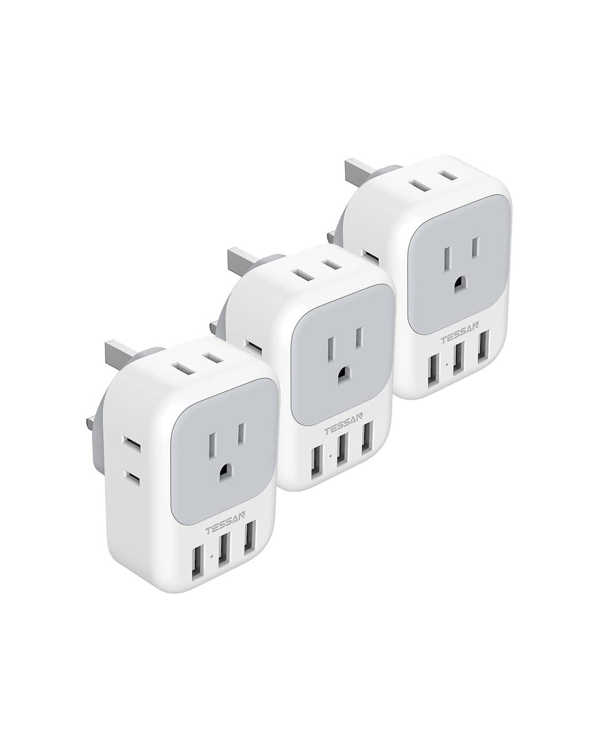 TESSAN US to UK Plug Adapter with 4 Electrical Outlet 3 USB Charger, 3 Pack