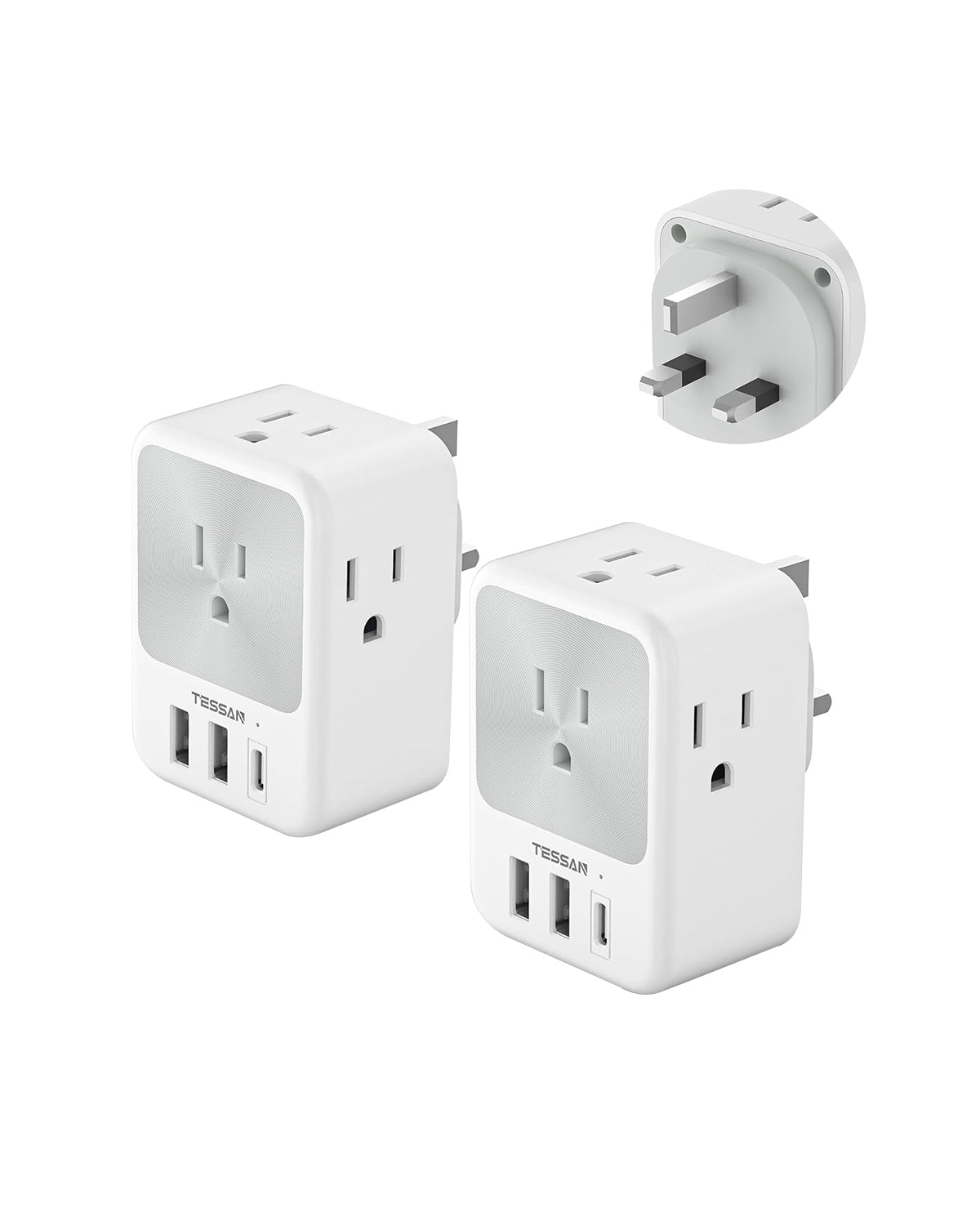 TESSAN US to UK Power Adaptor with 4 Outlets 3 USB Charger (1 USB C Port), UK Travel Plug Adapter 2 Pack