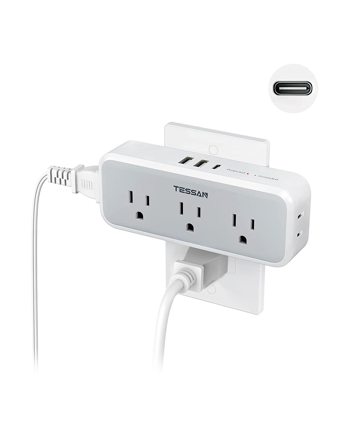 TESSAN Multiple Outlet Splitter with 5 Outlets and 3 USB (1 USB C)