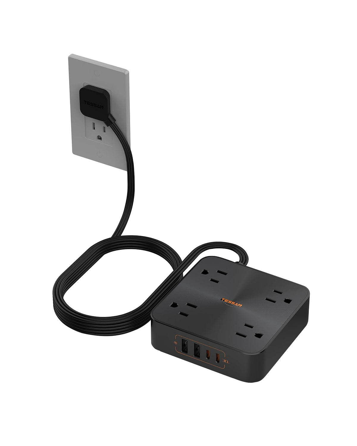 TESSAN 5 FT Flat Plug Extension Cord, Fast Charger Surge Protector with 2 USB C