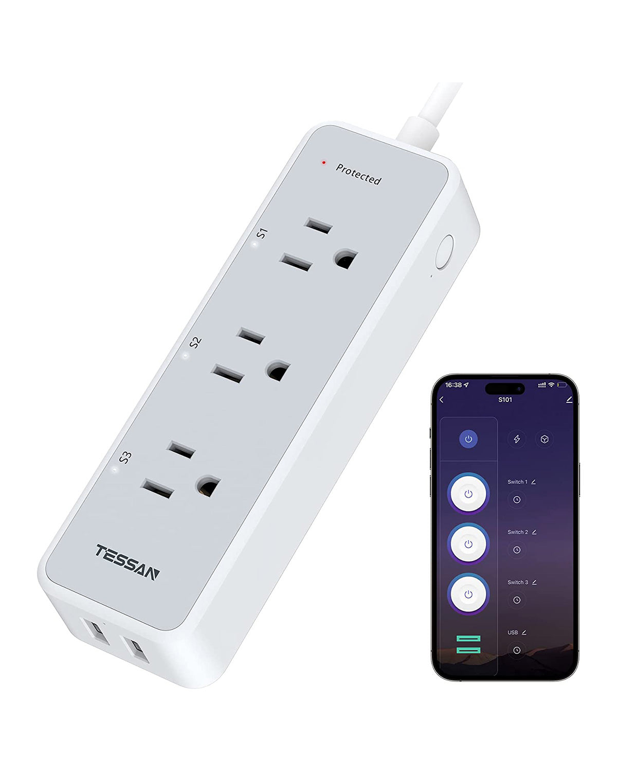 TESSAN WiFi Extension Cord with 3 Individually Remote Controlled Outlets Socket 2 USB