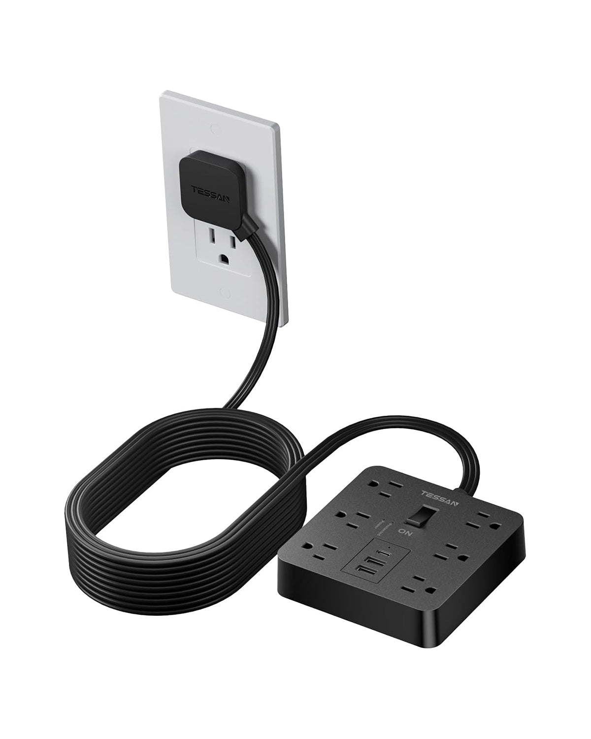 TESSAN Flat Plug Extension Cord 5 FT with 6 Outlets 3 USB Charger (1 USB C), Black Surge Protector Power Strip