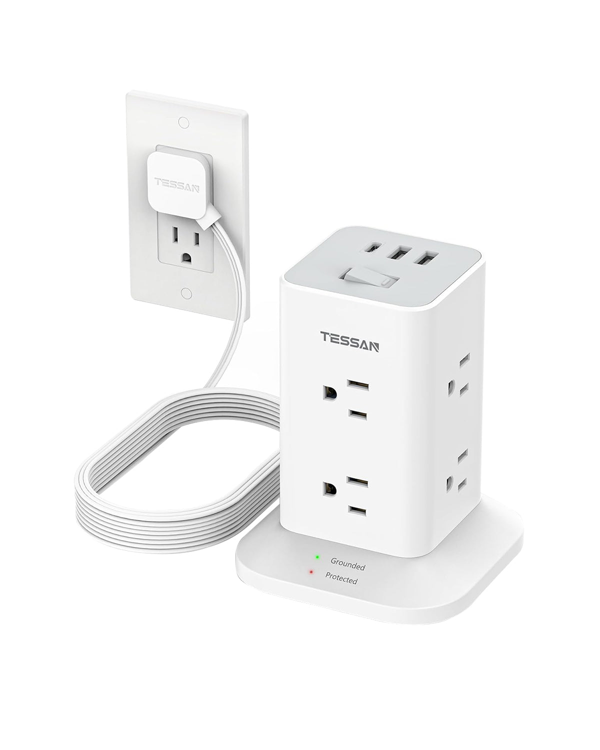 TESSAN Flat Plug Extension Cord with 8 AC Outlets 3 USB Ports (1 USB C), Surge Protector Power Strip Tower 10 FT