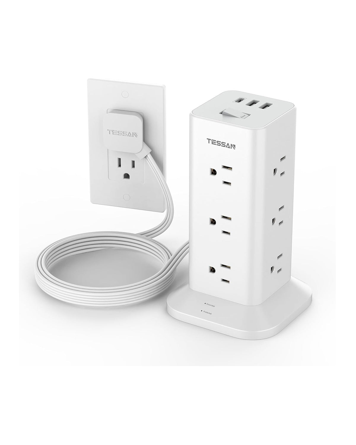TESSAN Flat Plug Extension Cord 6 Feet with 12 Multiple Outlets 3 USB Ports (1 USB C)