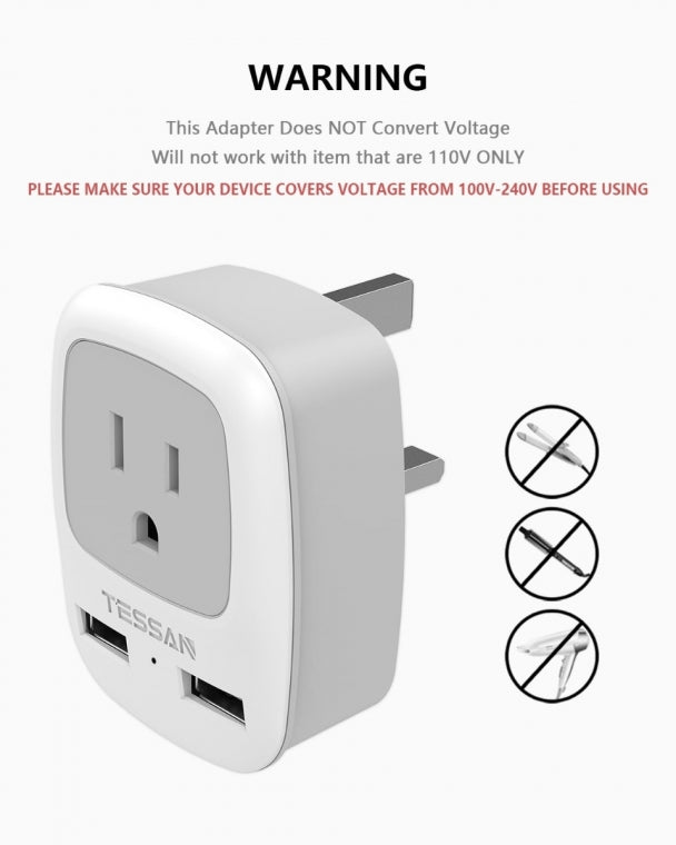 US To UK/HK/Saudi Arabia Travel Adapter with 2 USB