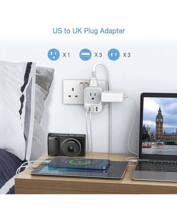 US To UK/HK/Saudi Arabia Travel Adapter With 4 Outlets 3 USB Ports