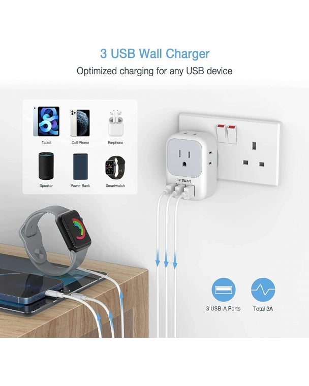 US To UK/HK/Saudi Arabia Travel Adapter With 4 Outlets 3 USB Ports