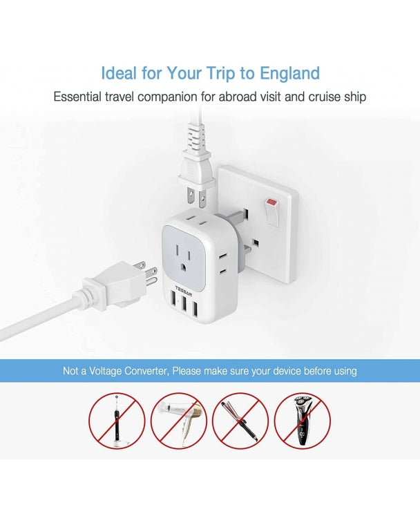 US To UK/HK/Saudi Arabia Travel Adapter With 4 Outlets 3 USB Ports