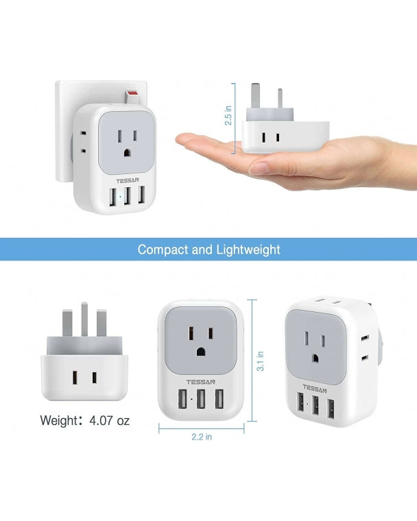 US To UK/HK/Saudi Arabia Travel Adapter With 4 Outlets 3 USB Ports