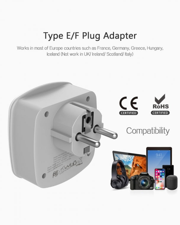 US To Germany/France Travel Plug Adapter with 2 Outlets 2 USB Ports(Type E/F Plug)